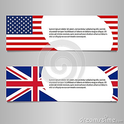 US and UK flag banner or header template. American and British flag background with space for text. Great Britain and USA national Vector Illustration
